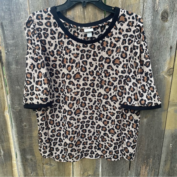 a new day Tops - A New Day Sheer Leopard Print Blouse with Black Trim Sz. XXL
